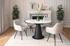 Zestaw stół Bella 120 cm Ceramiczny i 6 krzeseł tapicerowane obrotowe BREGO beżowe