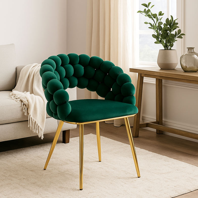 Krzesło Tapicerowane Plecione do Salonu LUXE Gold Zielony Welurowe Nowoczesne Loft