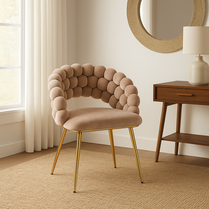 Krzesło Tapicerowane Plecione do Salonu LUXE Gold Cappuccino Welurowe Nowoczesne Loft
