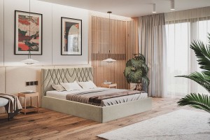 Łóżko tapicerowane 160x200 z pojemnikiem i stelażem VELMIO beżowe