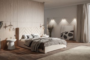 Łóżko tapicerowane 140x200 z pojemnikiem i stelażem CHEVRONA beżowe