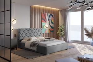 Łóżko tapicerowane 180x200 z pojemnikiem i stelażem RIVARO szare
