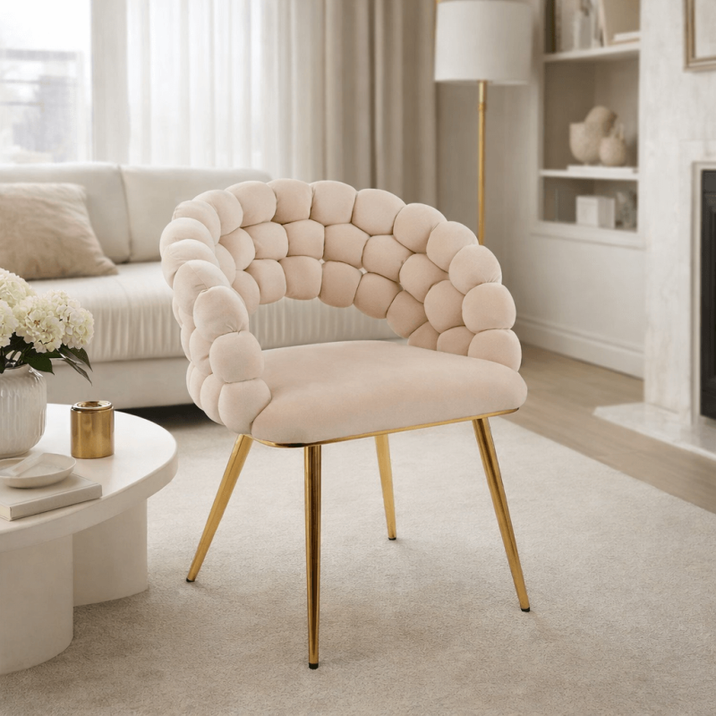 aranżacja Krzesło Tapicerowane Plecione do Salonu LUXE Gold Beżowe Welurowe Nowoczesne Loft