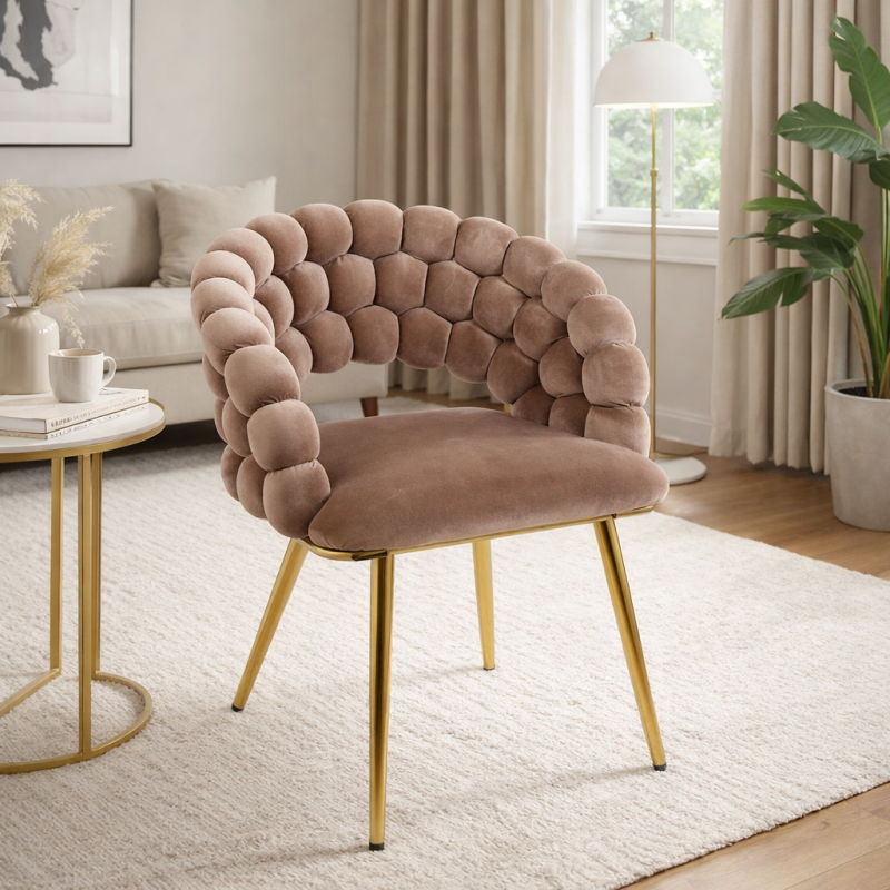 Krzesło Tapicerowane Plecione do Salonu LUXE Gold Cappuccino Welurowe Nowoczesne Loft