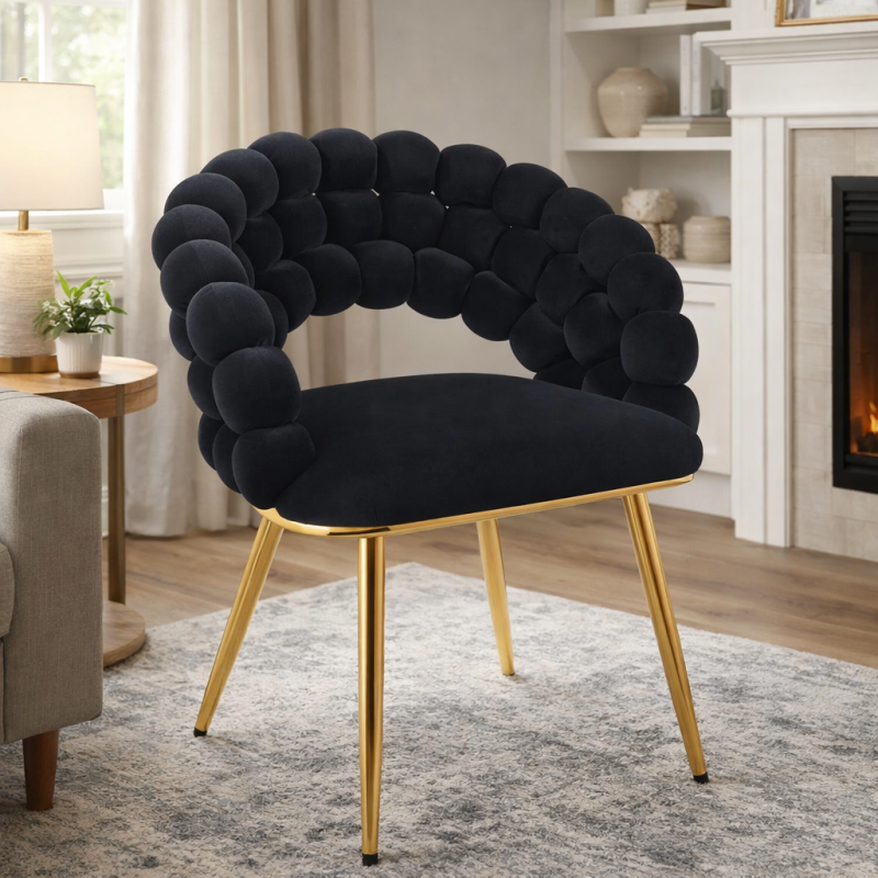 Aranżacja Krzesło Tapicerowane Plecione do Salonu LUXE Gold Czarne Welurowe Nowoczesne Loft