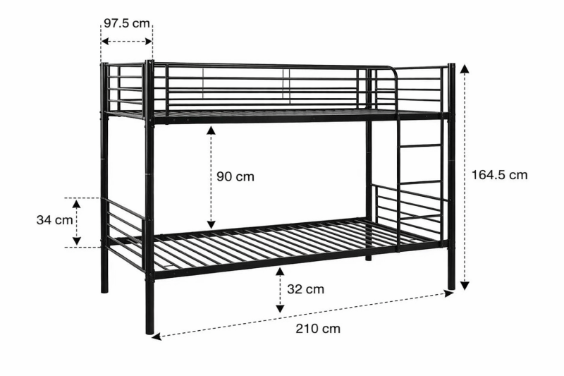 Łóżko metalowe piętrowe 90x200 czarne RAVEN wymiary