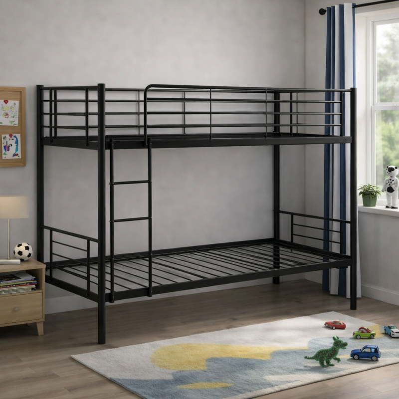 Łóżko metalowe piętrowe 90x200 czarne RAVEN bez materacy